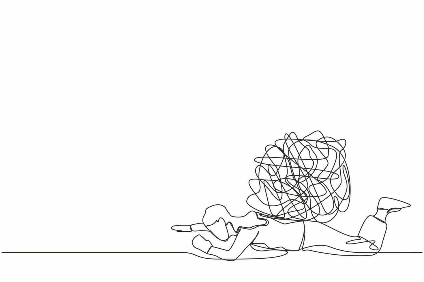 Continuous one line drawing unhappy businesswoman under heavy messy line burden. Problem in economic crisis, pressure from too much responsibility. Single line draw design vector graphic illustration