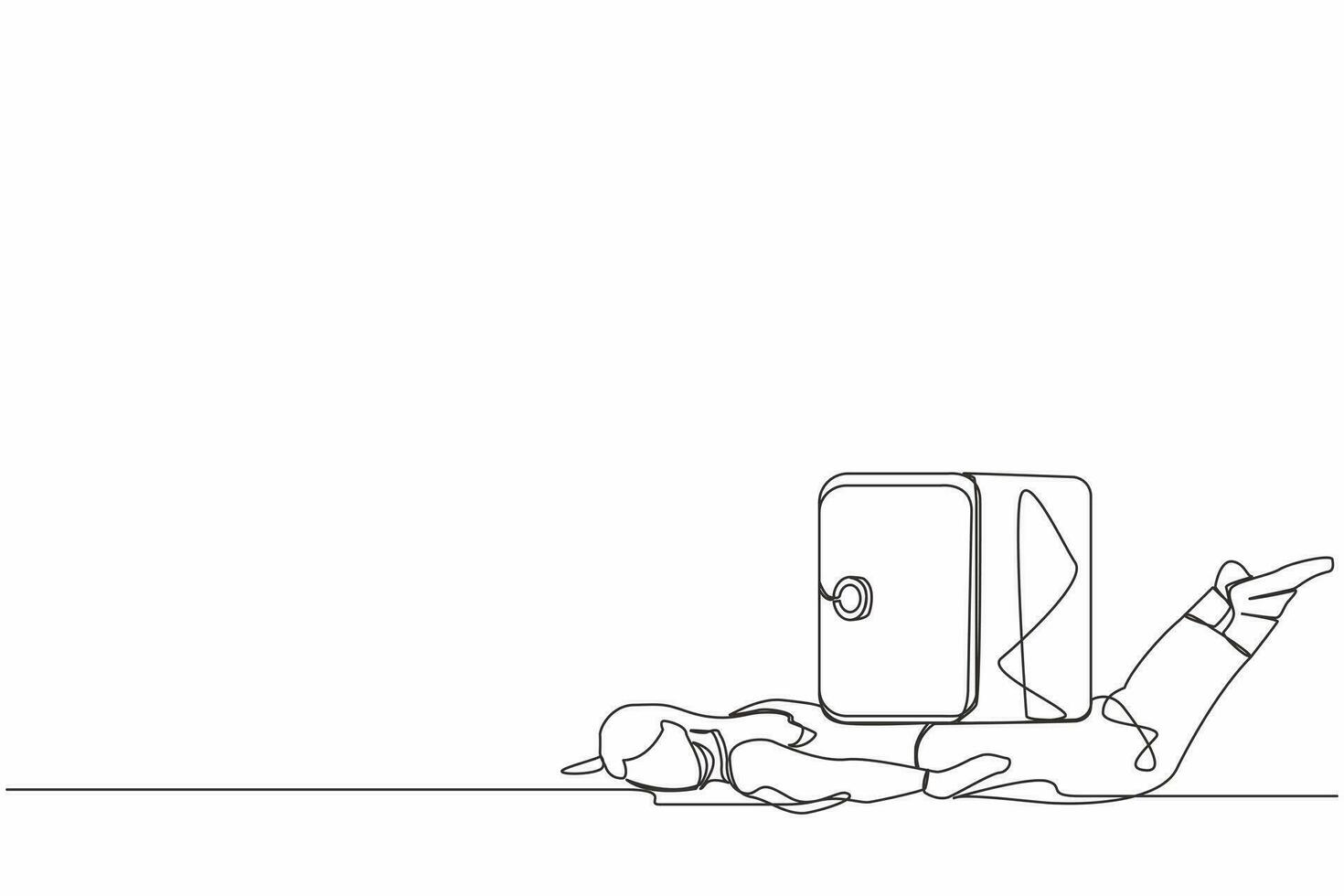 Single one line drawing unhappy businesswoman under heavy safe deposit box burden. Money loss in Coronavirus COVID-19 crisis, entrepreneur with debt and bankruptcy. Continuous line draw design vector