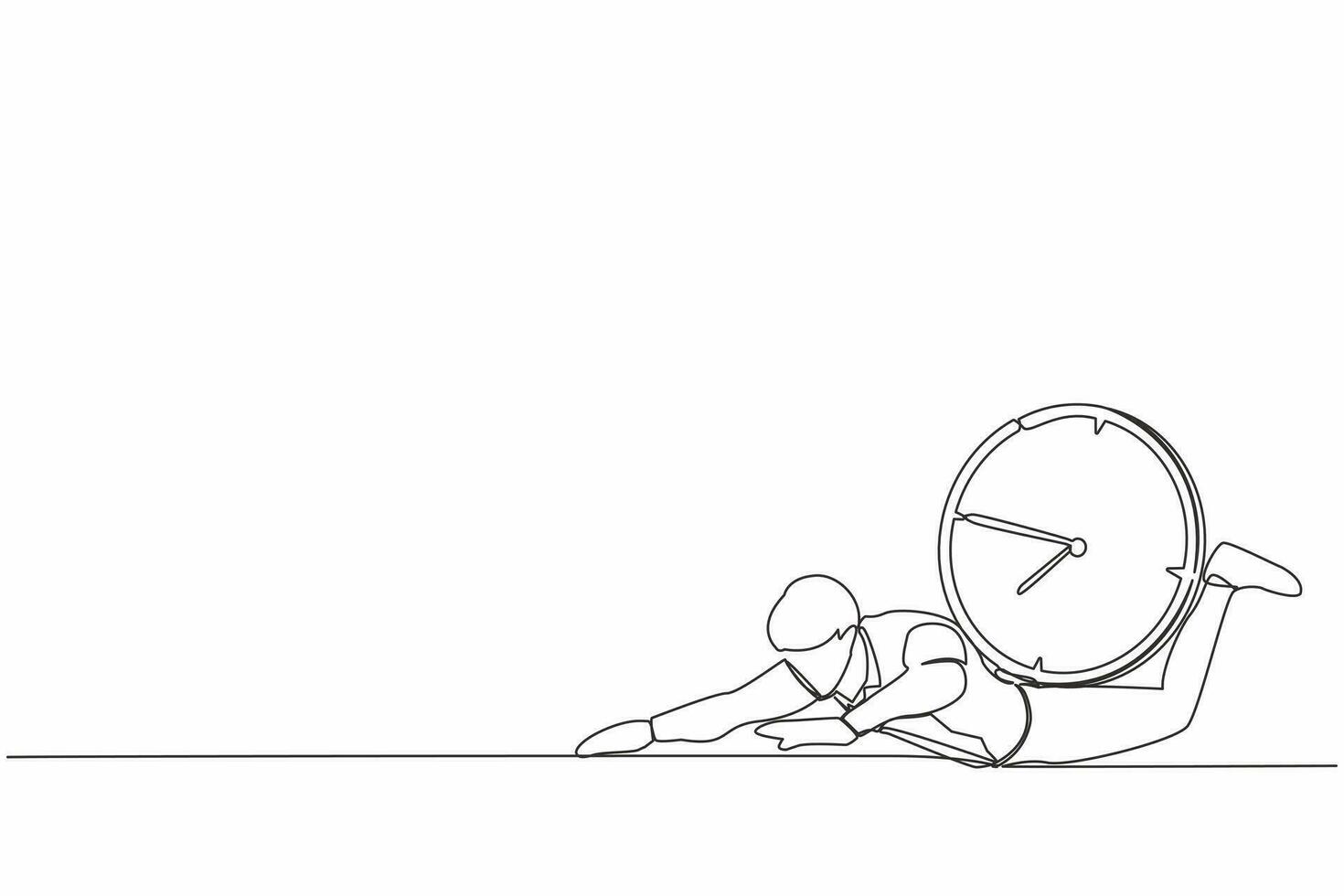 Continuous one line drawing depressed businessman under heavy wall clock burden. Stressed complete work within deadline and timeline. Work under pressure. Single line draw design vector illustration