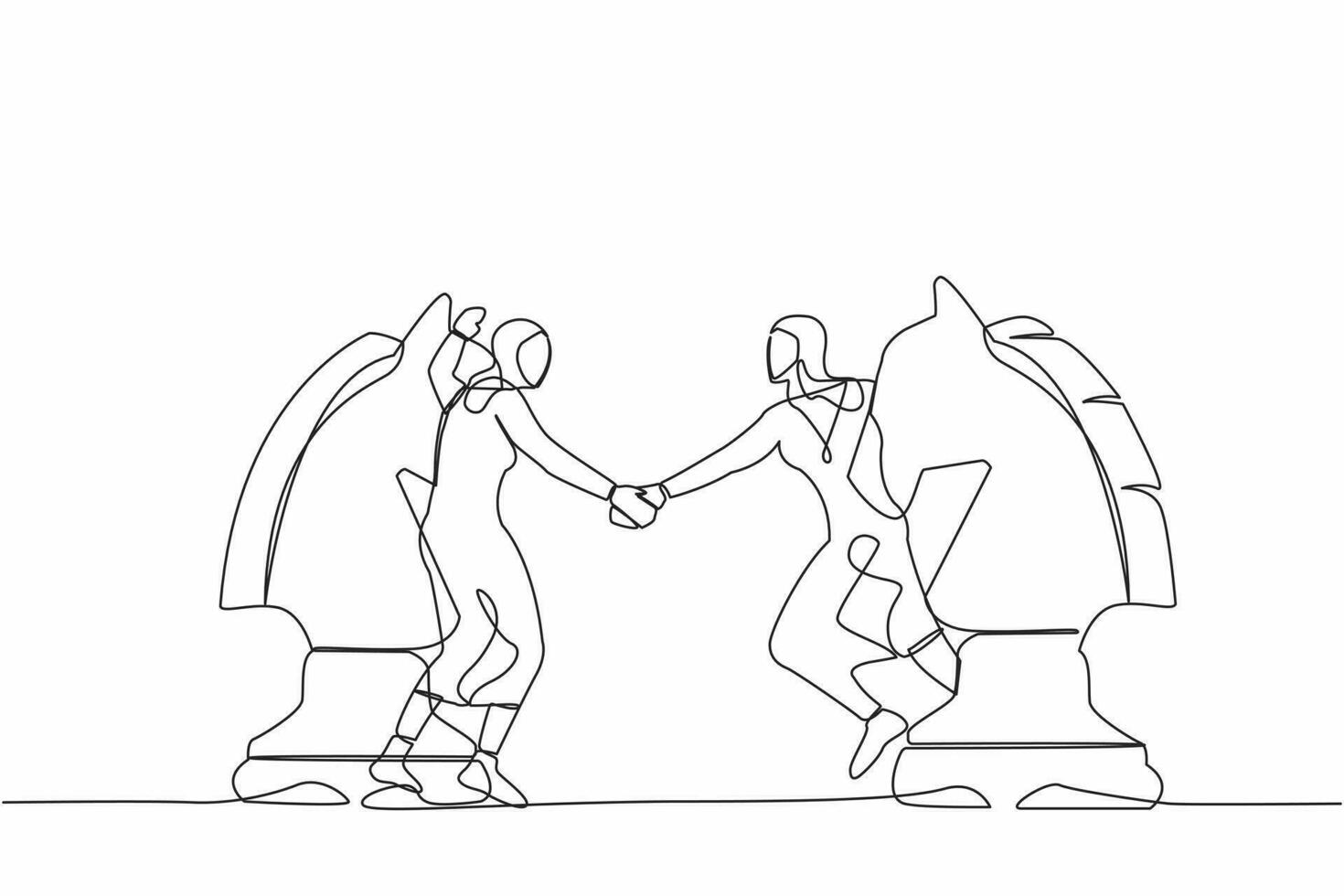 Single one line drawing Arab businesswoman competitors standing on horse chess piece, handshaking after finish agreement. Merger or agreement concept. Continuous line draw design vector illustration