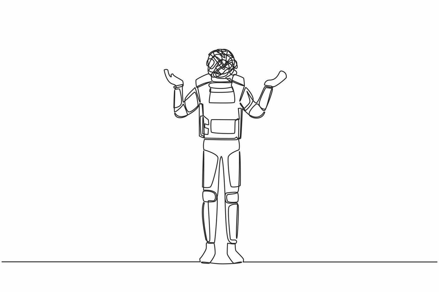 Single continuous line drawing of young astronaut with round scribble instead of head, standing with two hand raised asking questions. Cosmonaut deep space. One line graphic design vector illustration