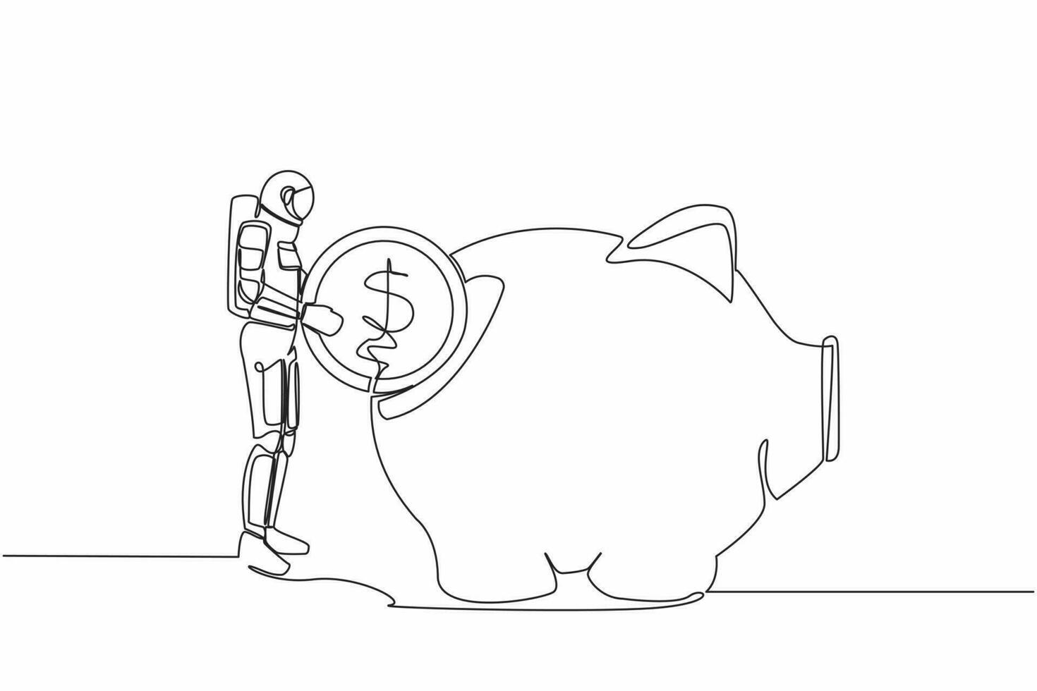 Single one line drawing young astronaut put dollar coin into piggy bank. Investing plan for space interstellar exploration. Cosmic galaxy space. Continuous line draw graphic design vector illustration