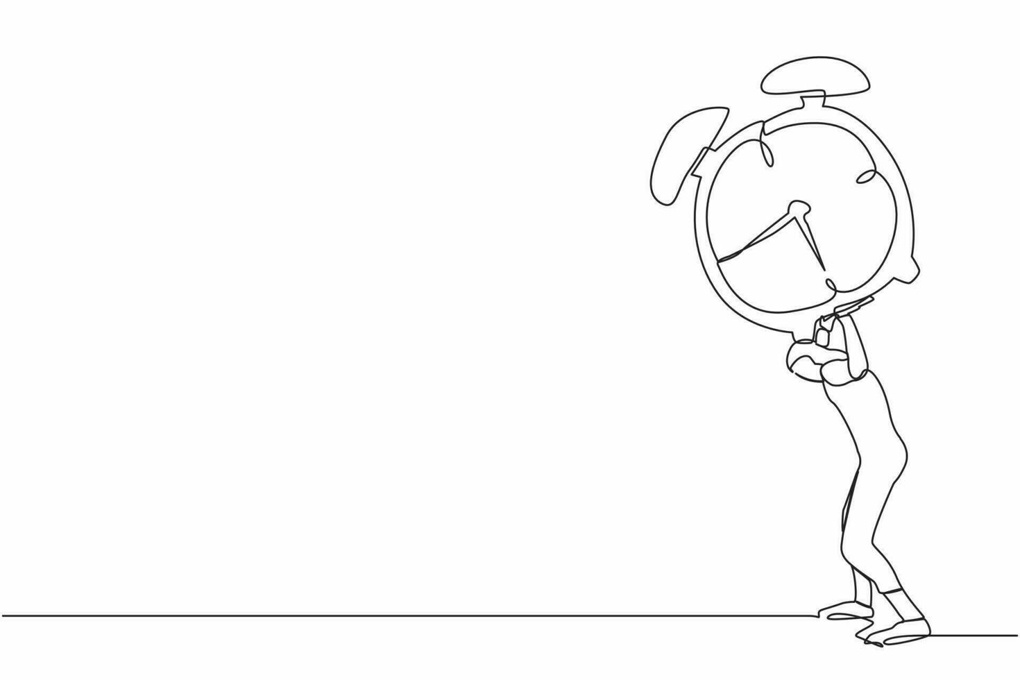 Single one line drawing Arab businesswoman carrying heavy alarm clock on her back. Pressure to complete work deadlines. Stressed worker because lot of work. Continuous line design vector illustration