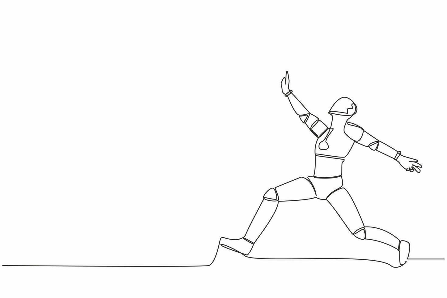 Single one line drawing of happy robot jumping with spreads both legs and raise one hand. Future artificial intelligence. Modern technology industry. Continuous line graphic design vector illustration