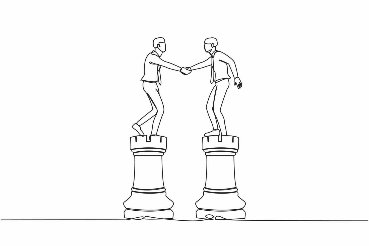 Single one line drawing businessman leader shaking hand on rook chess, metaphor agreement. Negotiation skill to deal with competitor, partnership decision. Continuous line design vector illustration