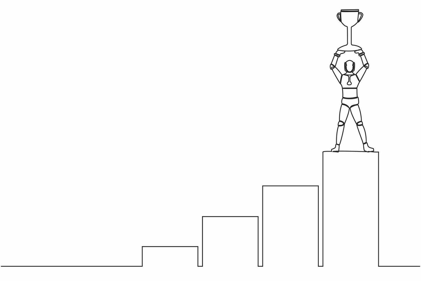 Single continuous line drawing robot climbing graph staircase to reach and lifting up trophy. Robotic artificial intelligence. Electronic technology industry. One line draw design vector illustration