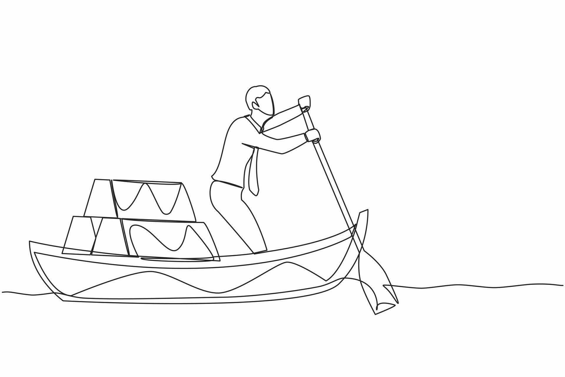 Single one line drawing businessman standing in boat and sailing with