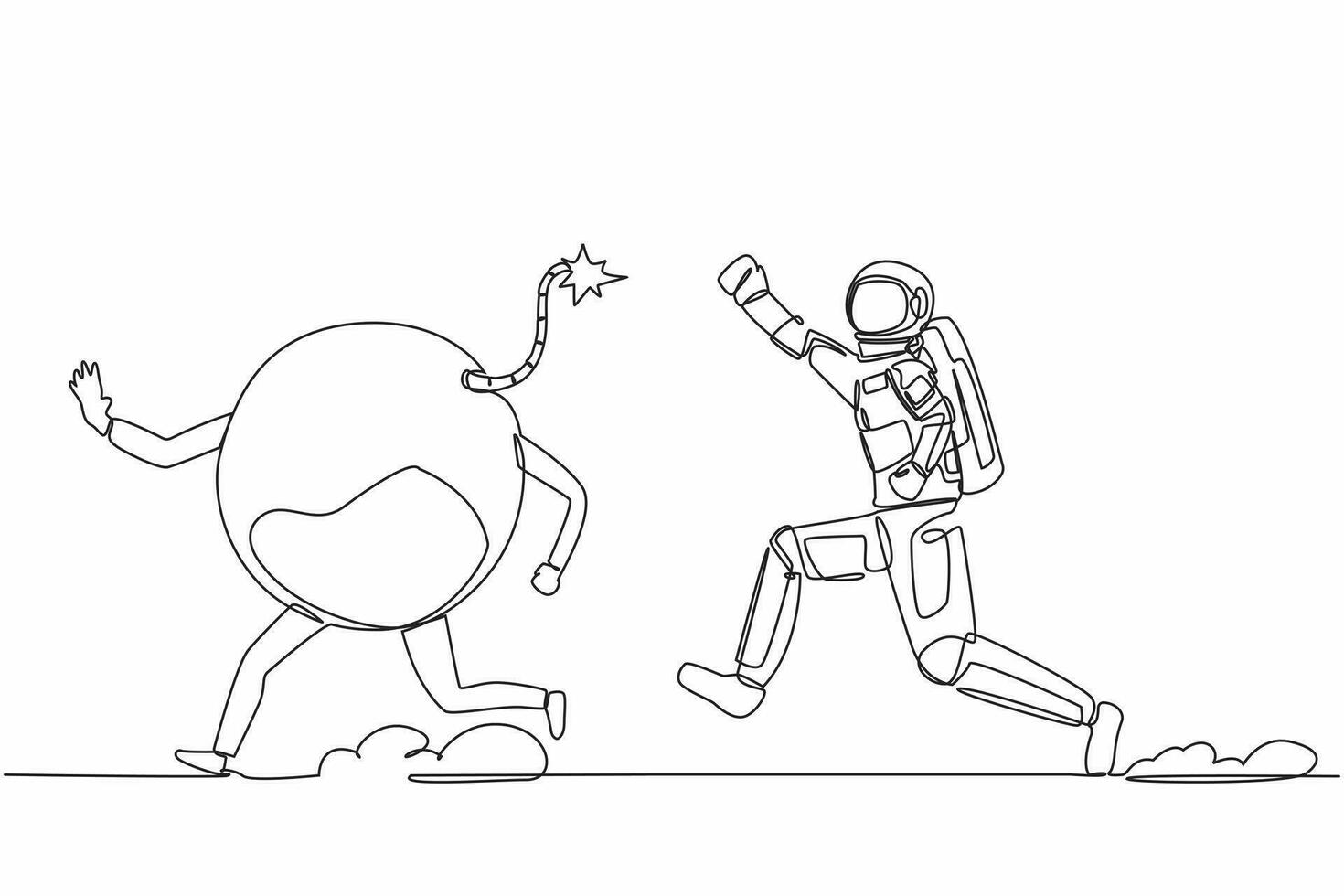 Single continuous line drawing astronaut run chasing bomb in moon surface. Closed spaceship company due to exploding financial crisis. Cosmonaut deep space. One line design vector graphic illustration