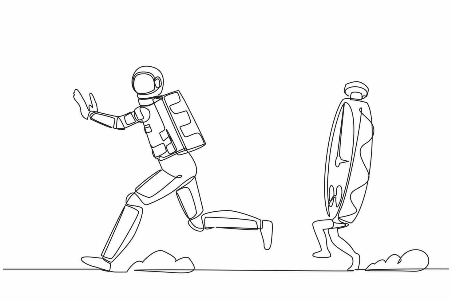Continuous one line drawing young astronaut being chased by stopwatch. Afraid in project spaceship measurement and deadline. Cosmonaut outer space. Single line draw graphic design vector illustration