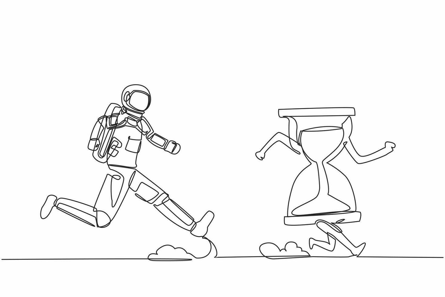 Continuous one line drawing of young astronaut run chasing hourglass in moon surface. Time management, space exploration schedule. Cosmonaut outer space. Single line graphic design vector illustration