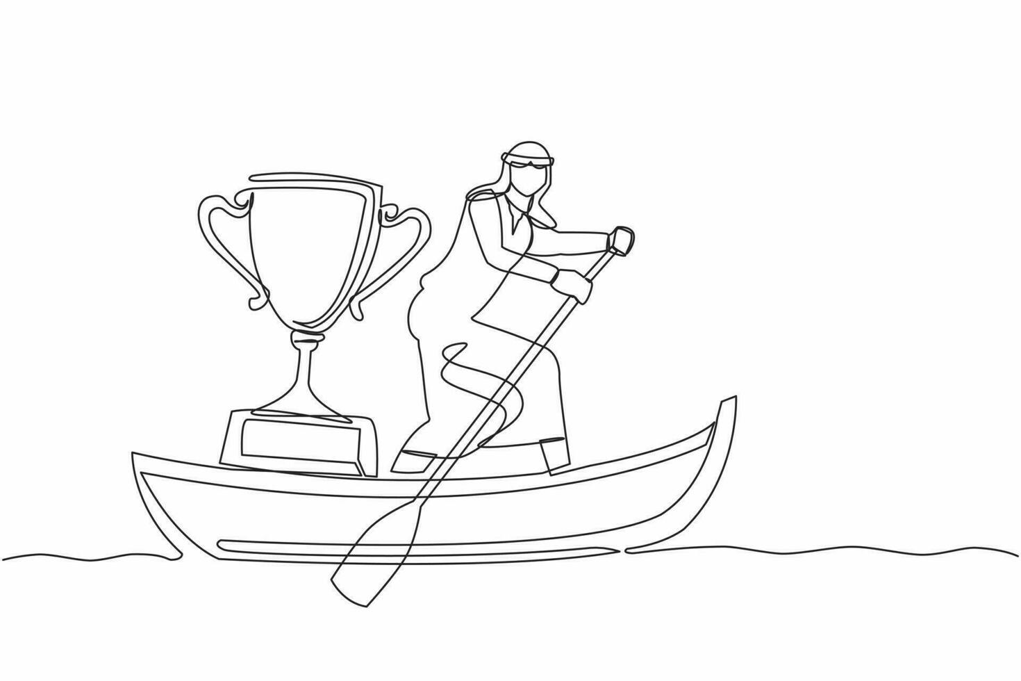 Single continuous line drawing Arabian businessman sailing away on boat with trophy. Sailing world championship award. Winning water sport competition one line draw graphic design vector illustration