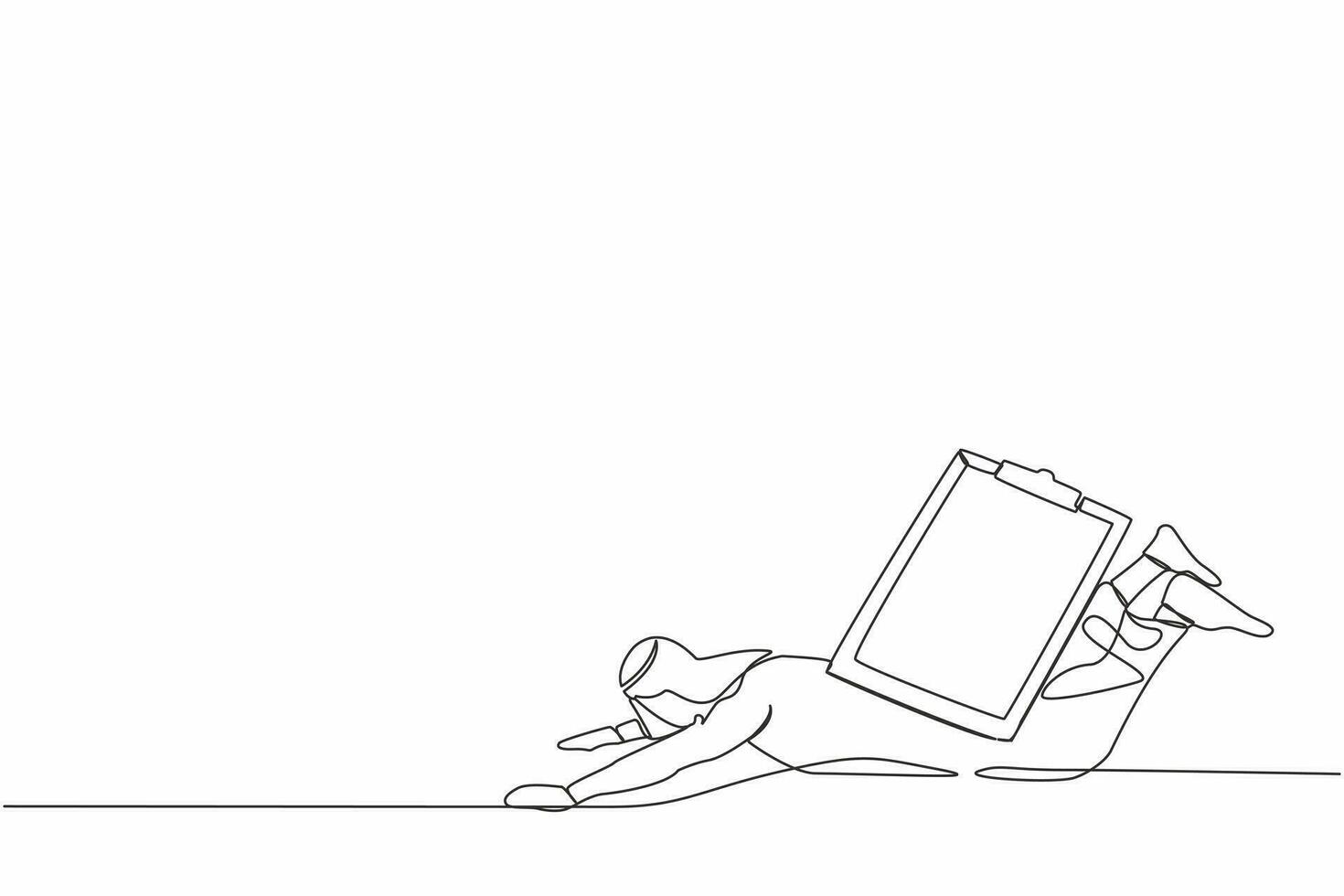 Single one line drawing Arab businessman under heavy clipboard burden. Busy work with checklist document, overworked from overload tasks. Modern continuous line draw design graphic vector illustration