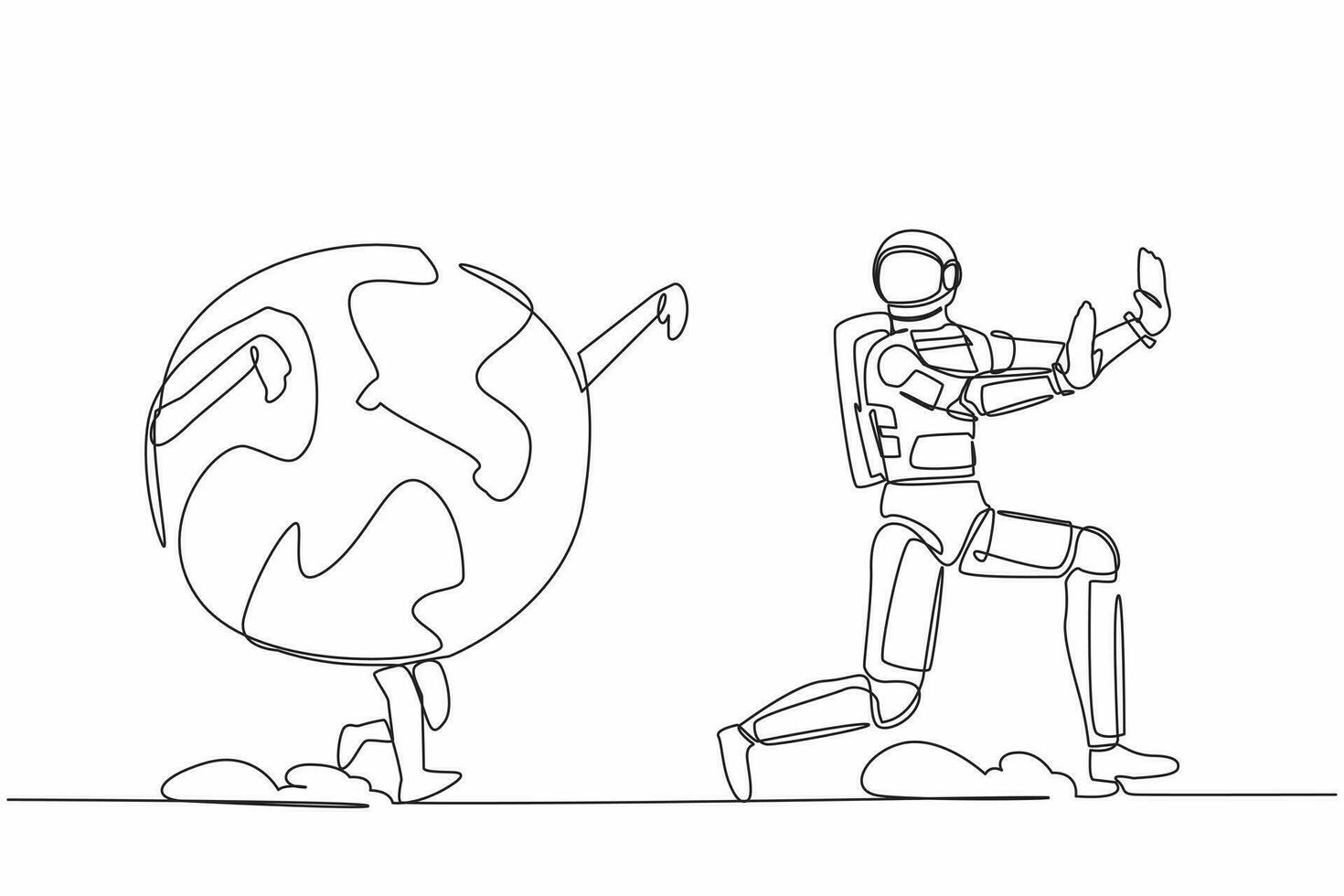 Continuous one line drawing young astronaut being chased by globe. Afraid about climate change and ecological destruction on earth. Cosmonaut outer space. Single line draw design vector illustration