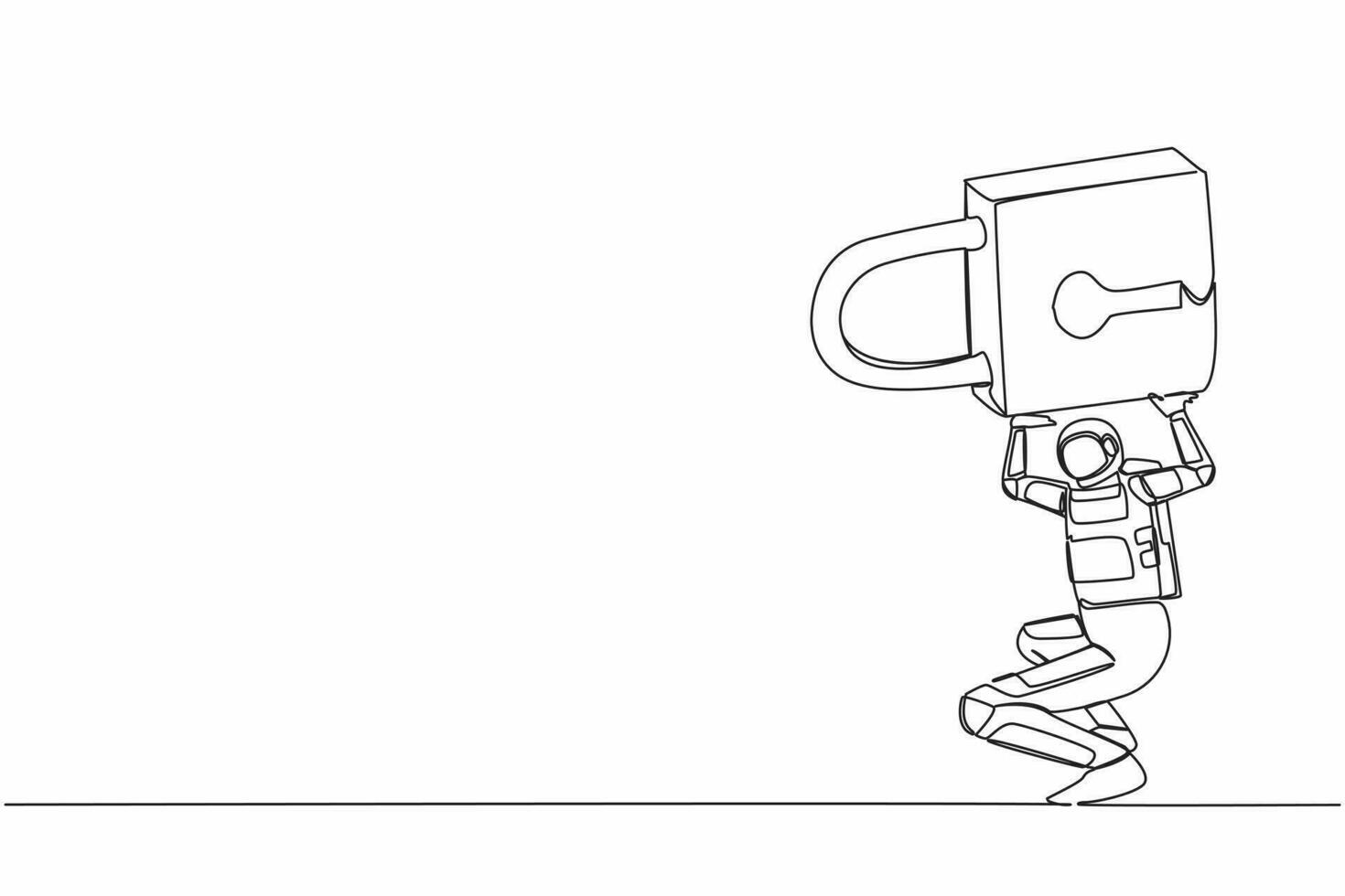 Continuous one line drawing young astronaut carrying heavy padlock on his back. Space company bankruptcy in financial crisis. Cosmonaut outer space. Single line draw graphic design vector illustration
