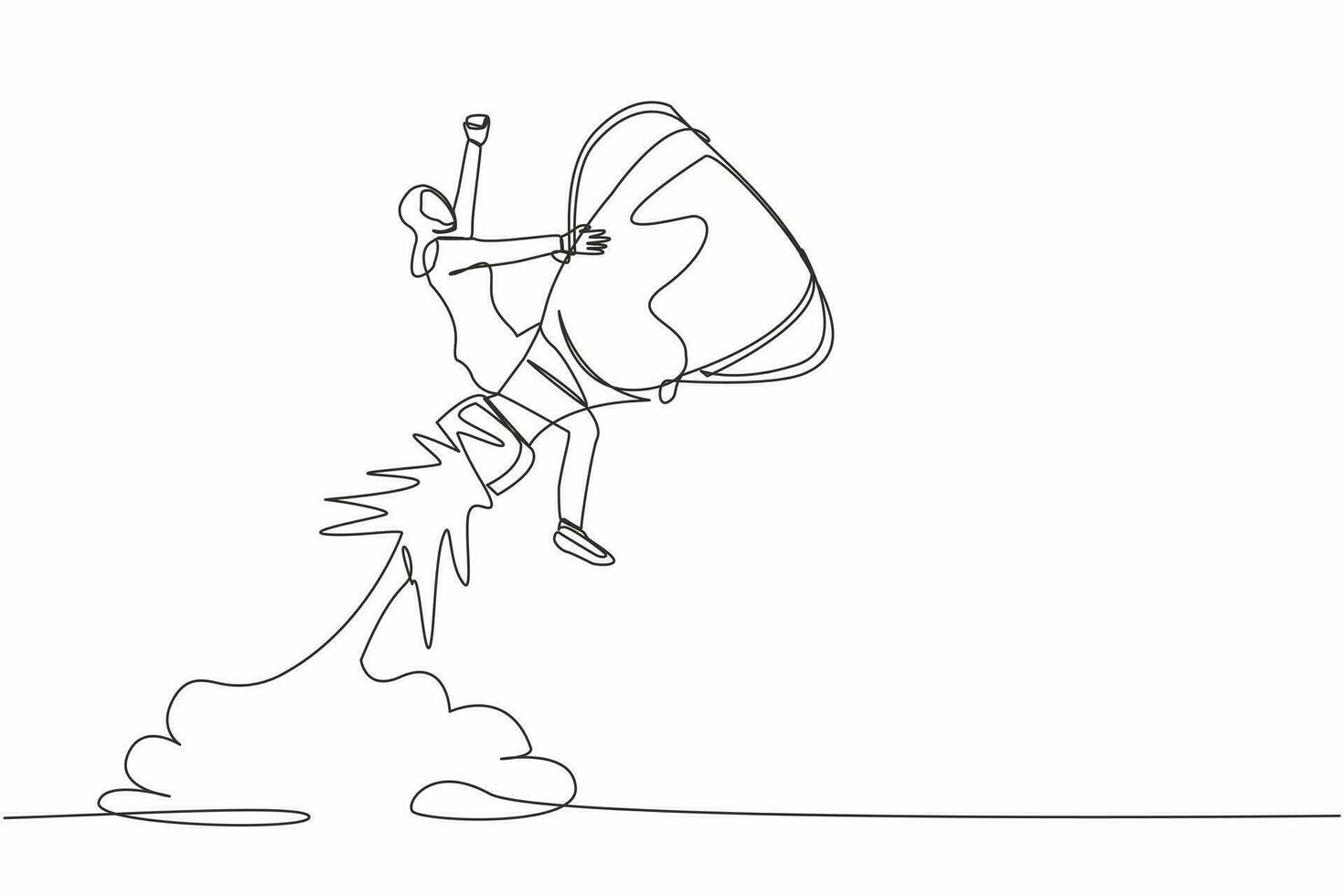 Single continuous line drawing Arabian businesswoman riding trophy rocket flying in the sky. Accelerate business strategy to win competition. Achievement goal. One line draw design vector illustration