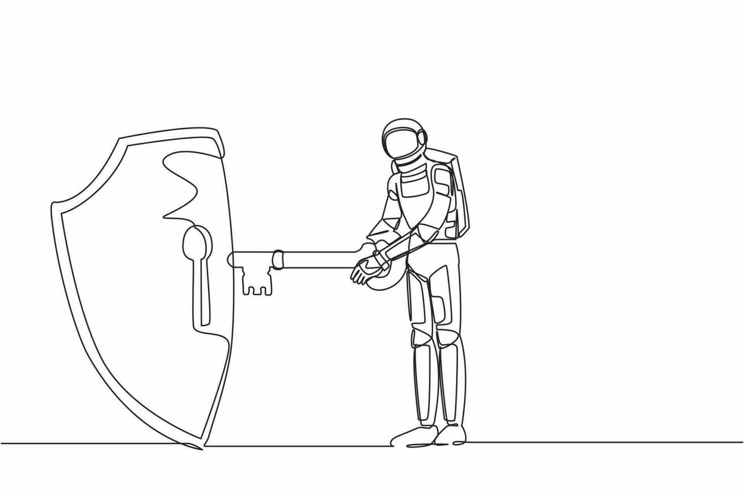 Single continuous line drawing of young astronaut put key into shield. Internet security and data protection in spaceship exploration. Cosmonaut deep space. One line design vector graphic illustration