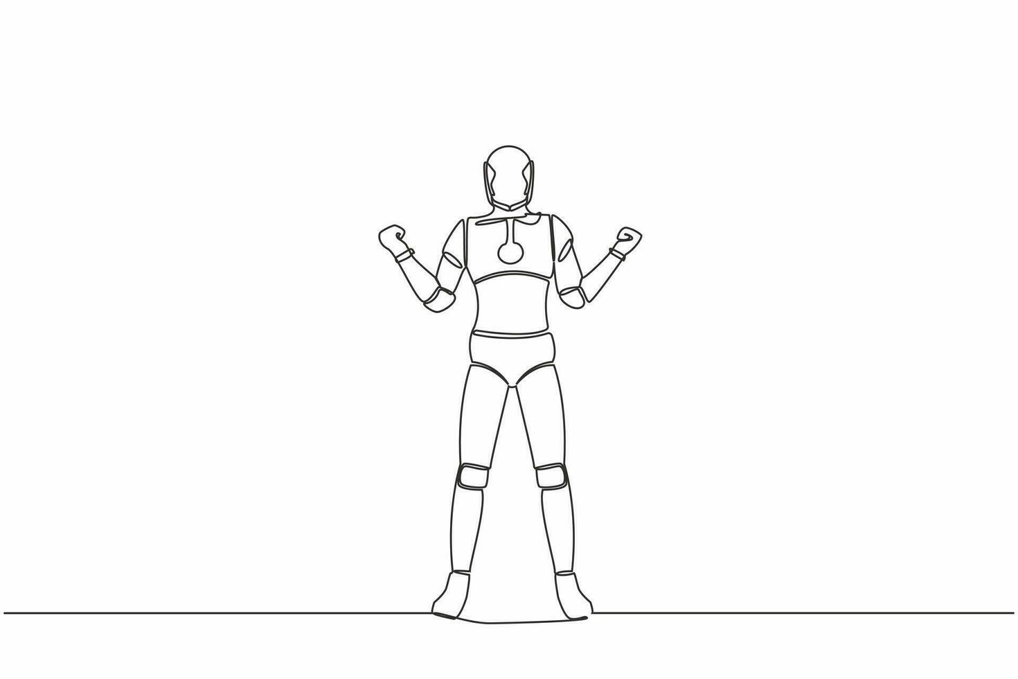 Continuous one line drawing of happy robot standing with both hands yes gesture. Humanoid cybernetic organism. Future robotic industry development. Single line draw graphic design vector illustration