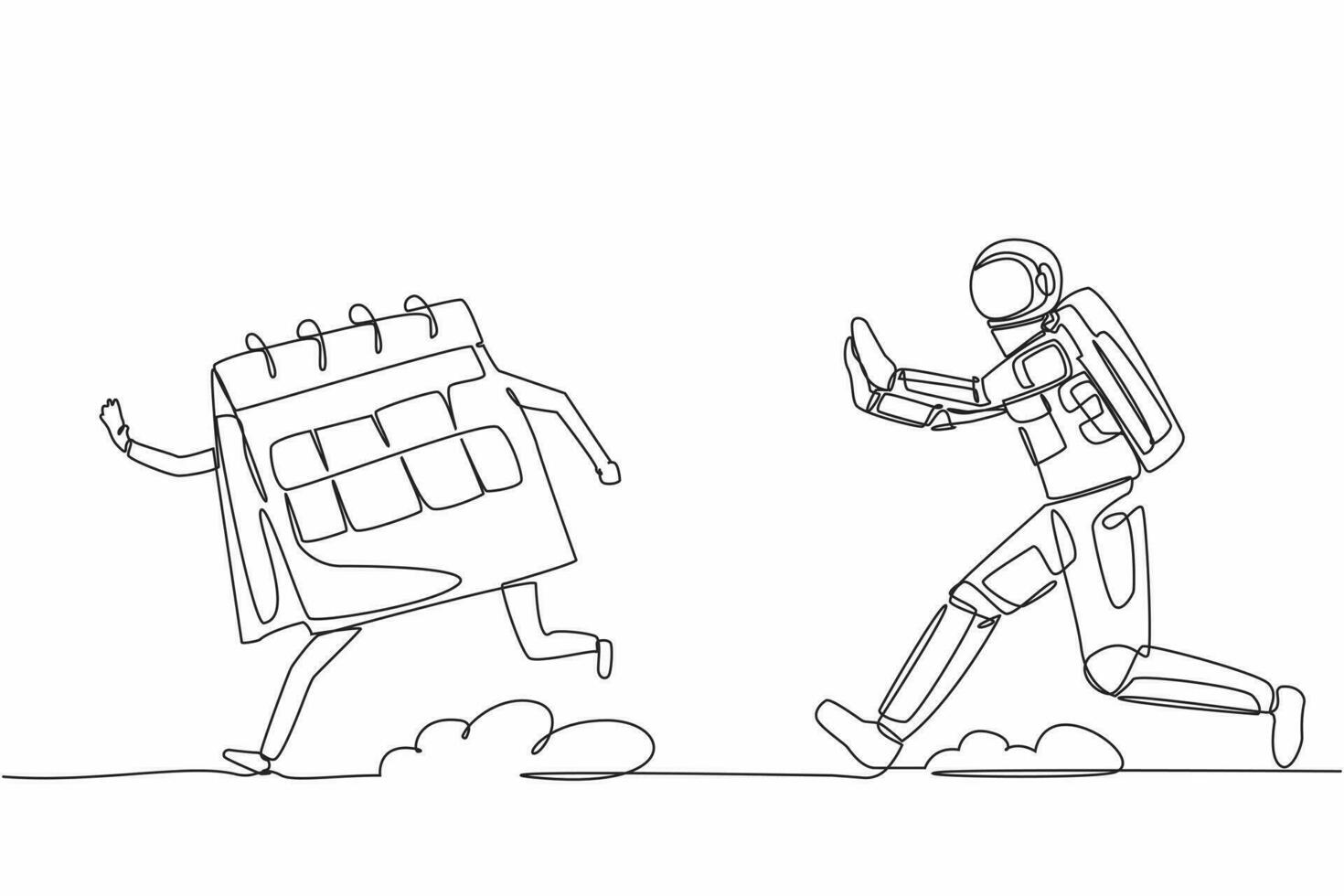 Continuous one line drawing young astronaut run chasing calendar in moon surface. Spaceship launch schedule planning. Cosmonaut outer space concept. Single line draw graphic design vector illustration