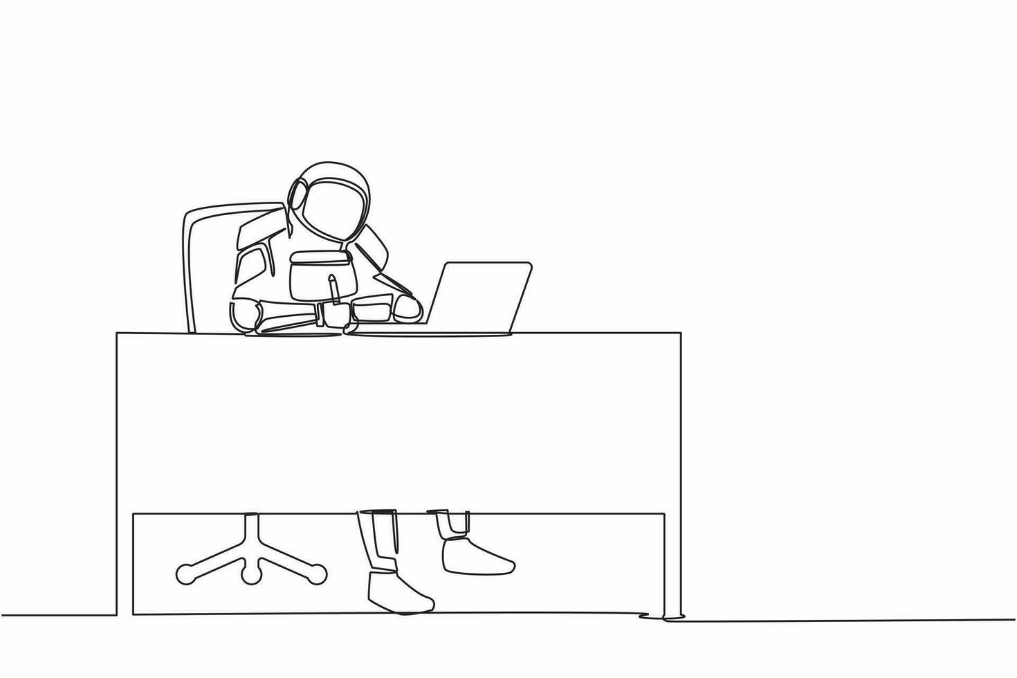 Continuous one line drawing astronaut writing and sitting in front of laptop at working desk. Planning for spaceship expedition. Cosmonaut outer space. Single line graphic design vector illustration