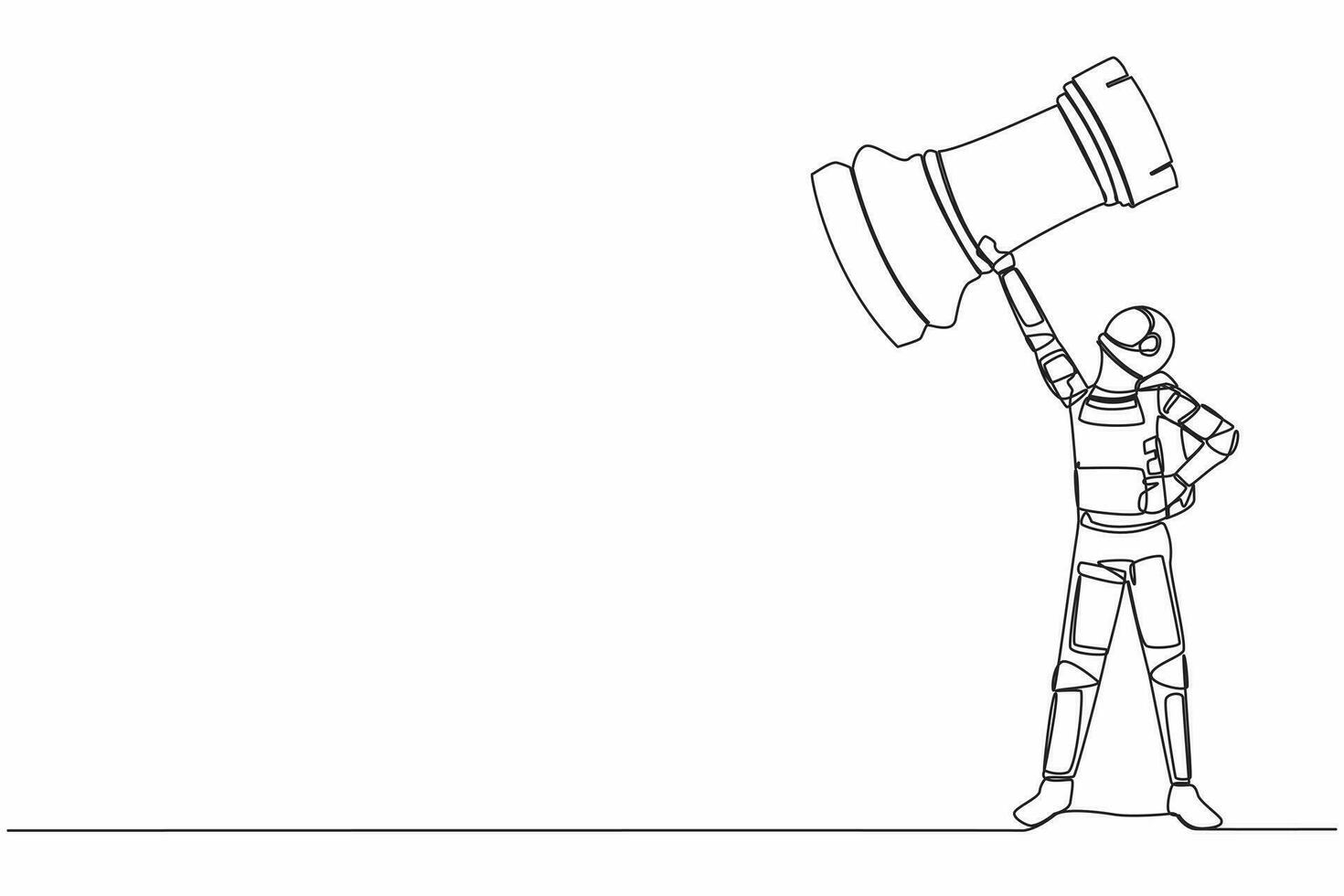 Single continuous line drawing young astronaut standing and lifting up rook chess piece. Win in the space cruising race. Cosmonaut deep space. Dynamic one line draw graphic design vector illustration