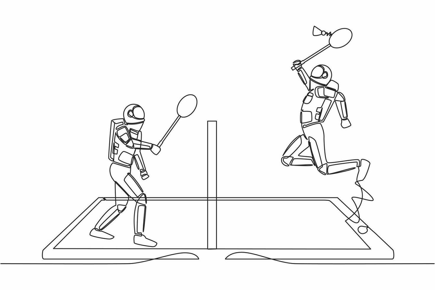 Single one line drawing badminton court with two astronaut players hitting shuttlecock with their racquets on smartphone screen. Cosmic galaxy space concept. Continuous line design vector illustration