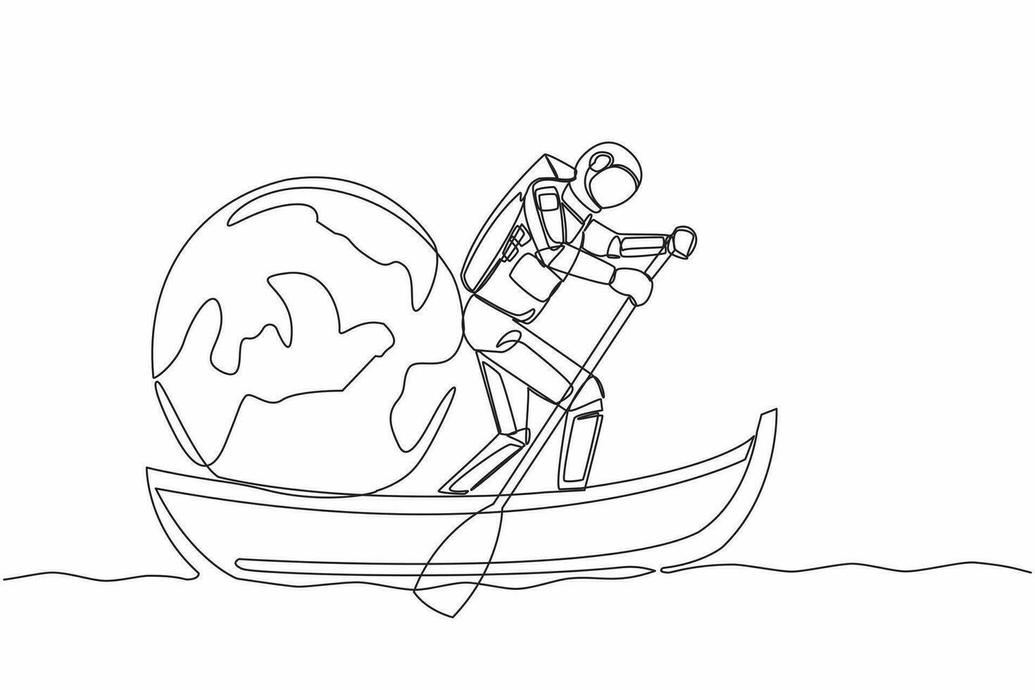 Continuous one line drawing young astronaut sailing away on boat with globe. Exploration mission journey across planets. Cosmonaut outer space concept. Single line design vector graphic illustration