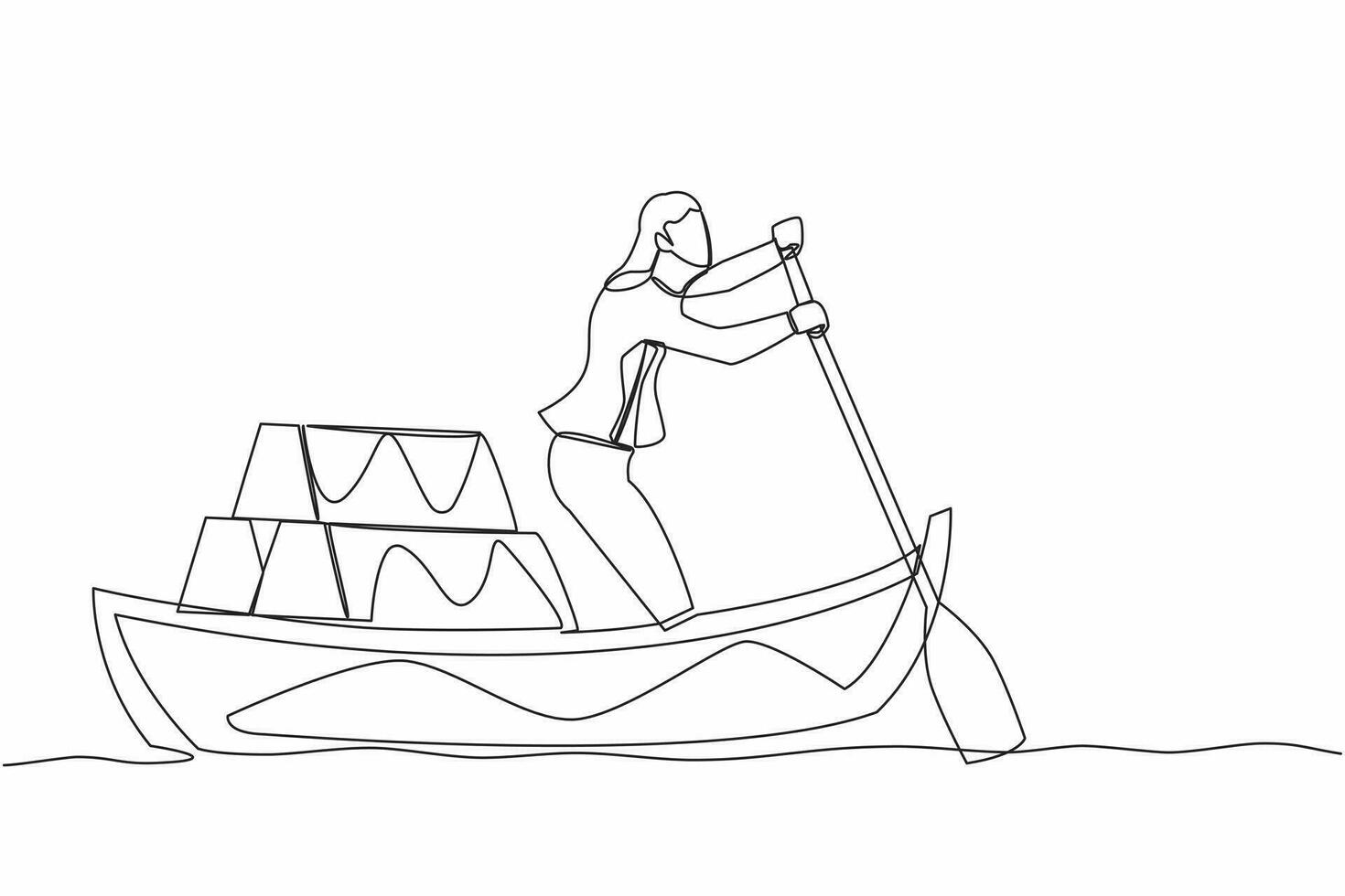 Continuous one line drawing businesswoman sailing away on boat with stack of golden bullion. Gold investment concept. Office worker planning future finance. Single line draw design vector illustration