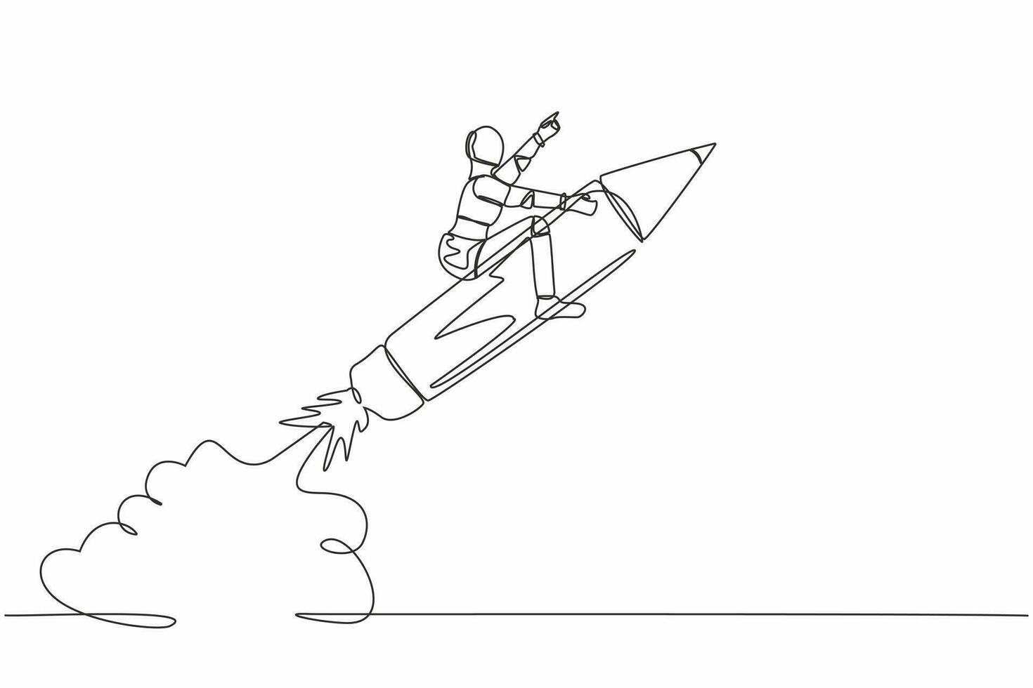 Single continuous line drawing robot riding pencil rocket flying in the sky. Tech education and creativity. Future technology development. Artificial intelligence. One line design vector illustration