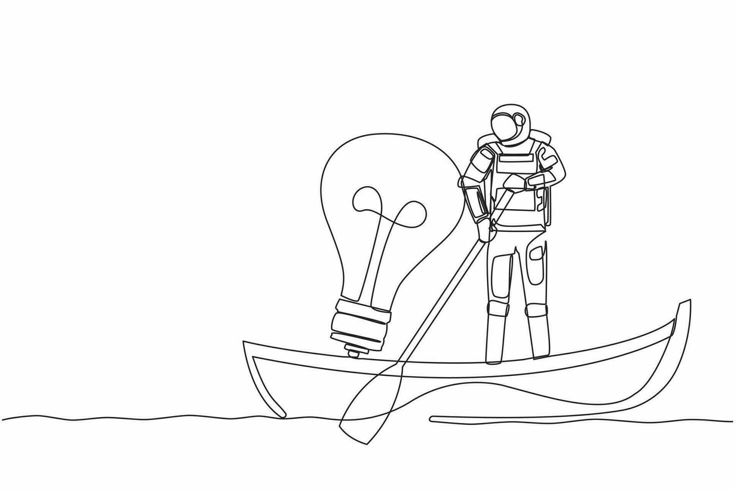 Single one line drawing young astronaut sailing away on boat with light bulb. Vision and innovation in galactic mission. Cosmic galaxy space concept. Continuous line design graphic vector illustration