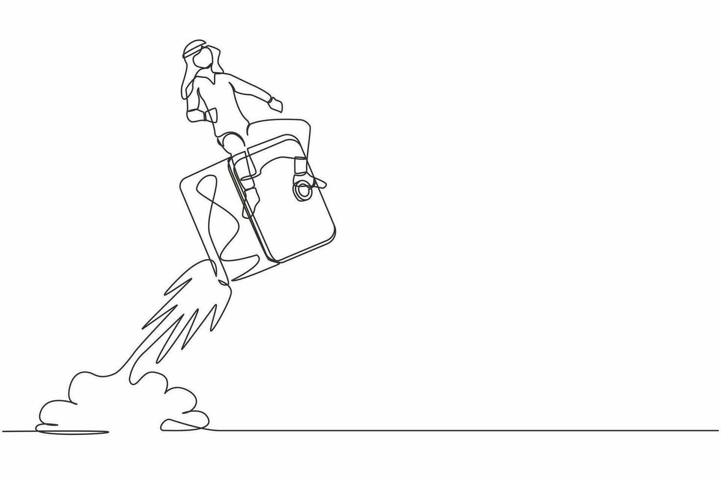 Single one line drawing protected Arab businessman riding safe deposit box rocket flying in sky. Cash protection, time is money, safe deposit, savings. Continuous line draw design vector illustration