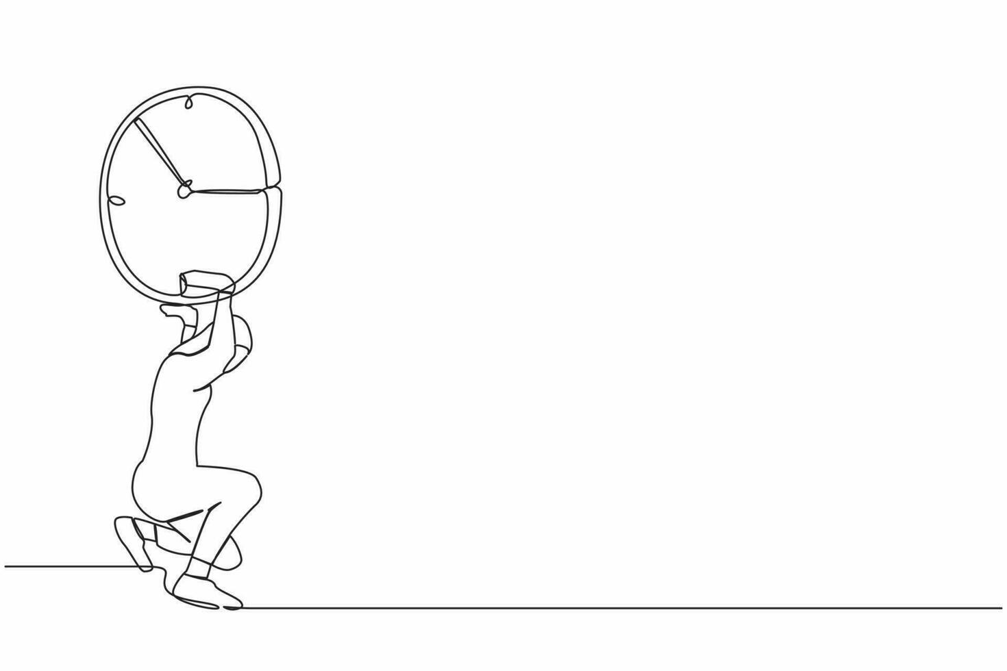 Single continuous line drawing Arab businesswoman carrying heavy clock on her back. Stressed complete work within deadline and timeline. Work under pressure. One line draw design vector illustration