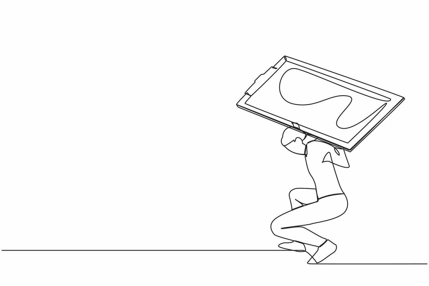 Single one line drawing exhausted businessman carrying heavy clipboard on his back. Productivity and time management problem. Deadline checklist board. Continuous line draw design vector illustration