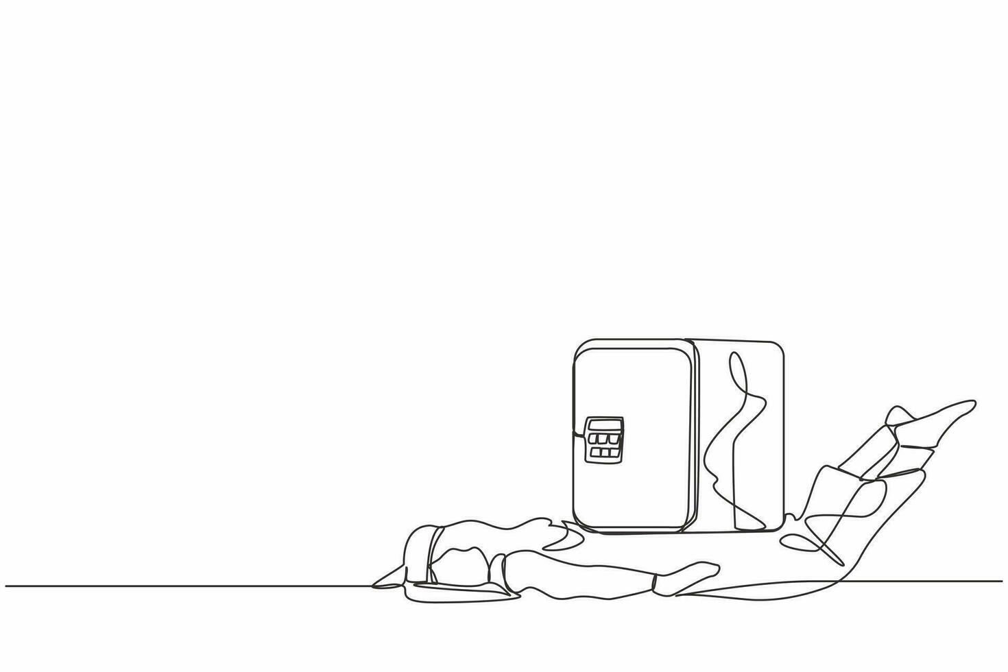 Single one line drawing Arab businessman under heavy safe deposit box burden. Money loss in pandemic crisis, company cannot pay for debt and bankruptcy. Continuous line draw design vector illustration
