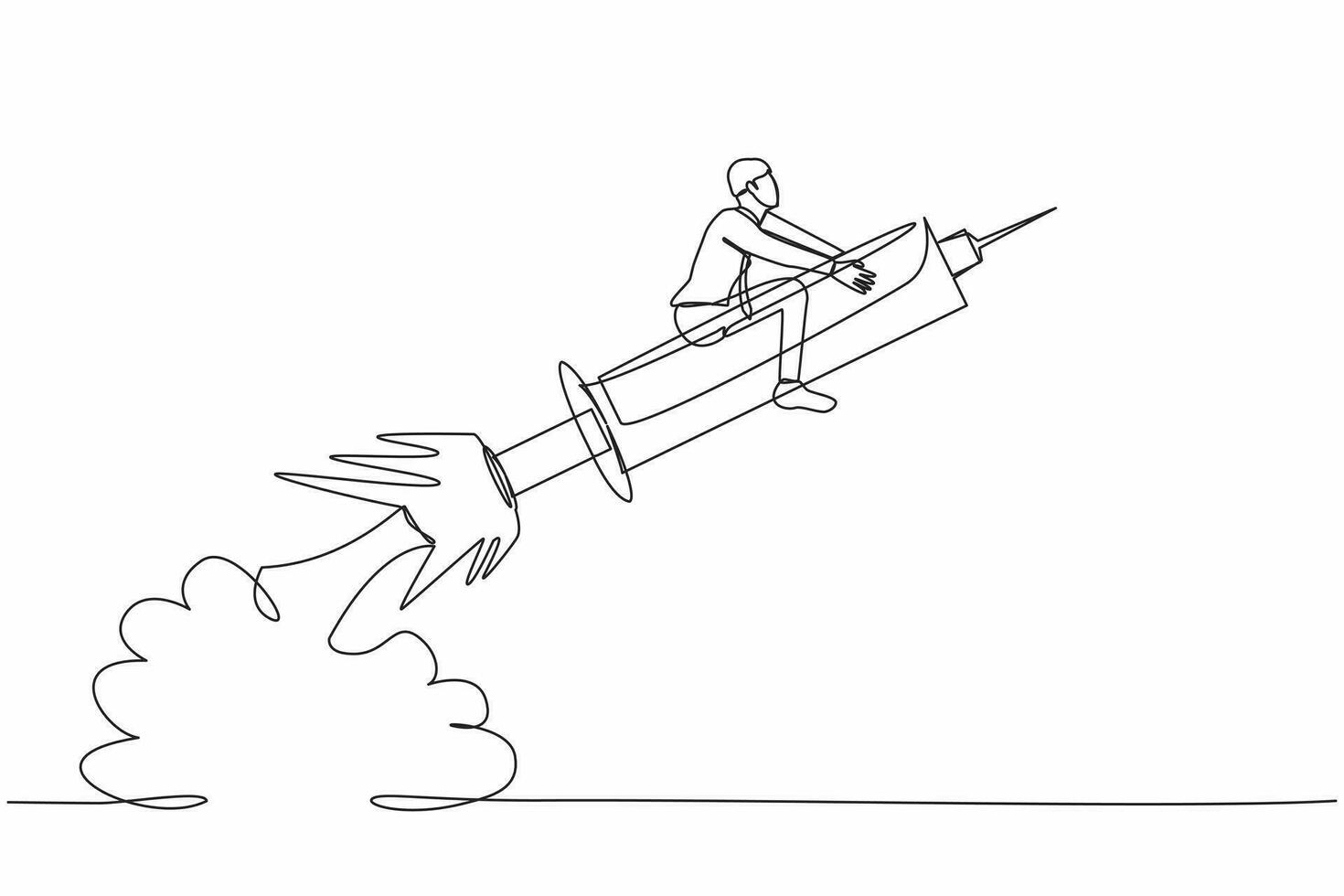 Single continuous line drawing of businessman riding syringe rocket flying in the sky. Concept of boosting health, vaccines, viruses, medicine. Dynamic one line draw graphic design vector illustration