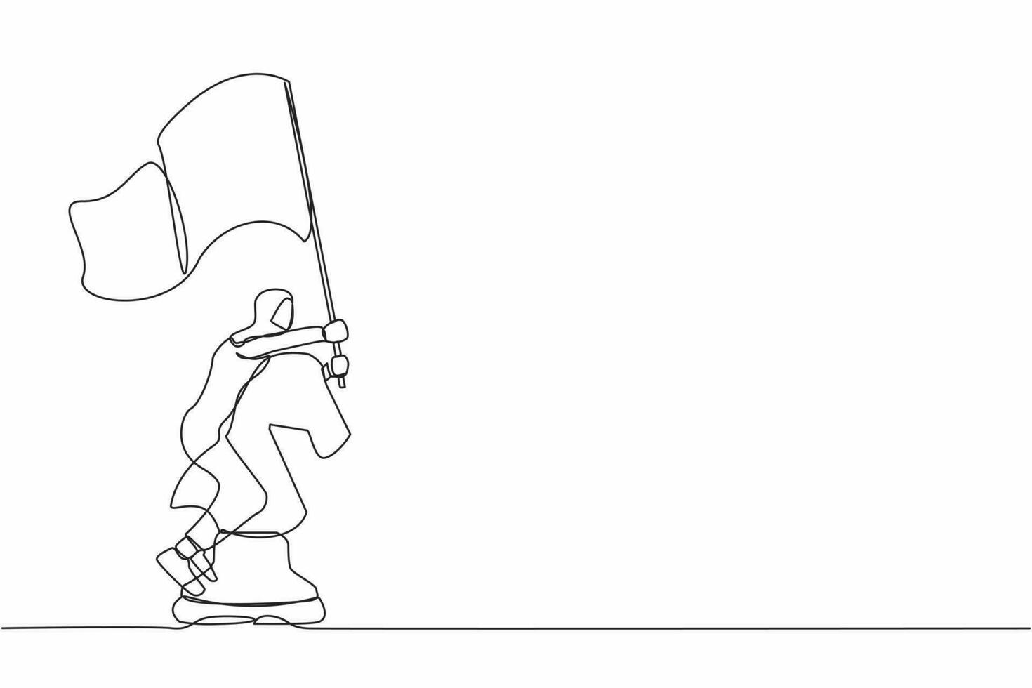 Single continuous line drawing brave Arabian businesswoman riding big horse chess piece and holding flag. Strategic move in business competition. Winning game play. One line design vector illustration