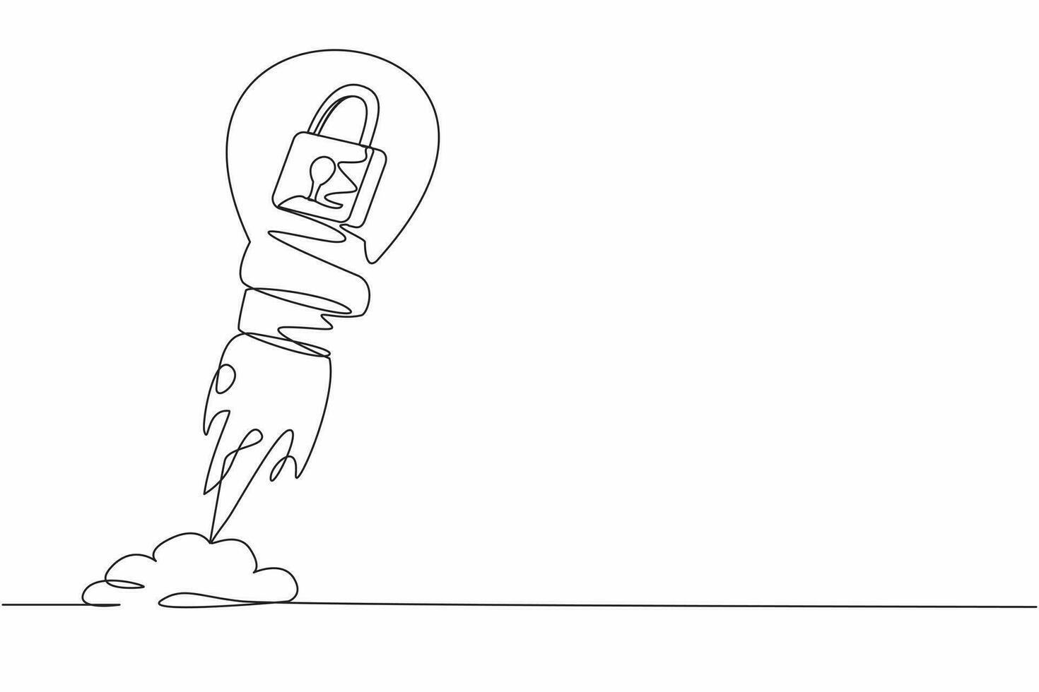 Continuous one line drawing padlock launching with light bulb. Business protection in market competition. Leadership to launch security project concept. Single line design vector graphic illustration