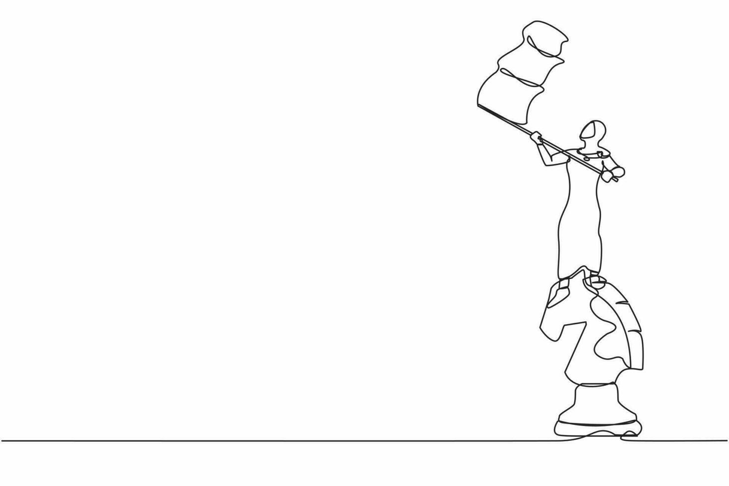 Single one line drawing Arab businesswoman standing on top of big horse chess piece and waving a flag. Defeat competitors in business as winning chess game. Continuous line design vector illustration