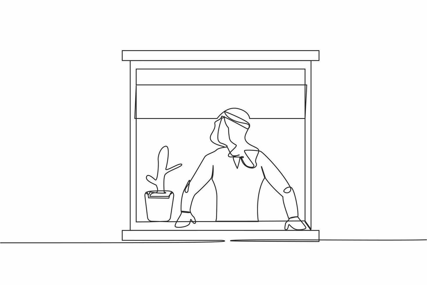 Continuous one line drawing curious Arab businessman looking outside window. Stay at home during coronavirus covid-19. Man with a plant watching out the window. Single line design vector illustration