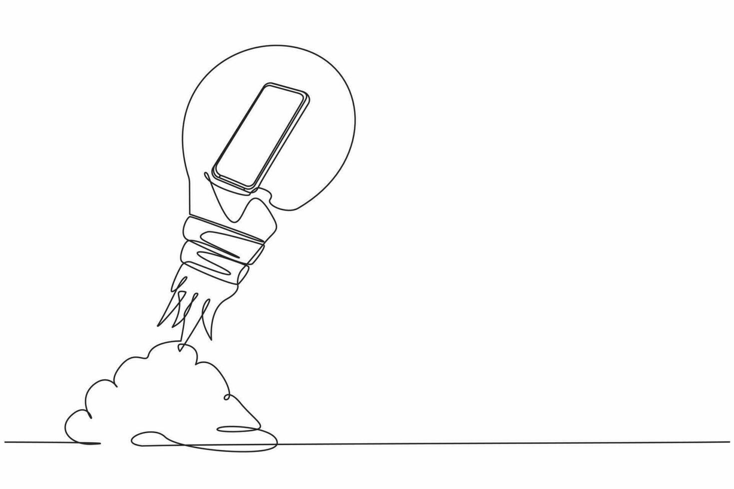 Continuous one line drawing of smartphone launching with light bulb. Successful business project start up, boost technology, innovation strategy release. Single line design vector graphic illustration