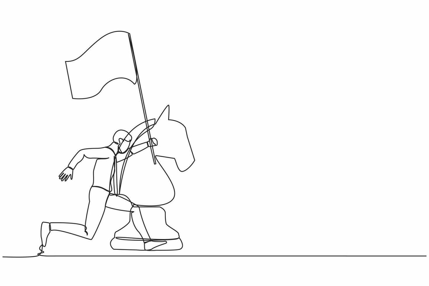 Single continuous line drawing happy businessman running and holding flag beside big horse chess piece. Business achievement goal, win competition. Dynamic one line graphic design vector illustration