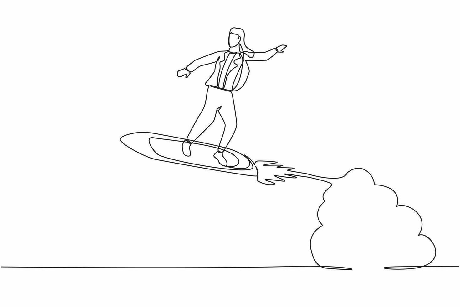 Single continuous line drawing businesswoman riding surfing board rocket flying in the sky. Wealthy entrepreneur. Launching dollar cash money waves project. One line graphic design vector illustration