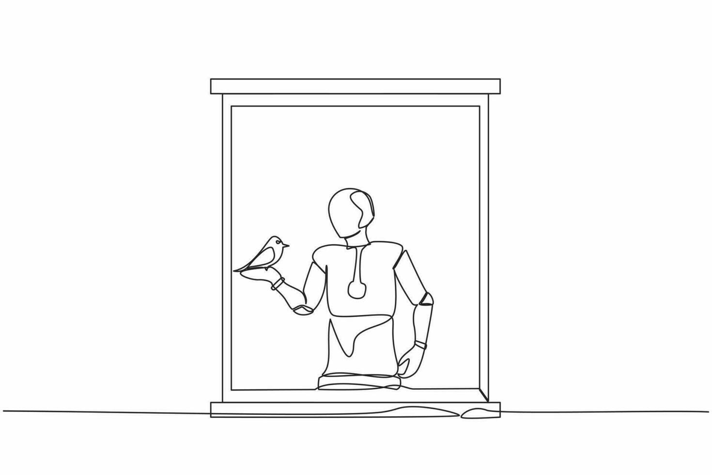 Single one line drawing robot with bird pet on his hand. Open window, looking for fresh air. Robotic artificial intelligence. Electronic technology industry. Continuous line design vector illustration