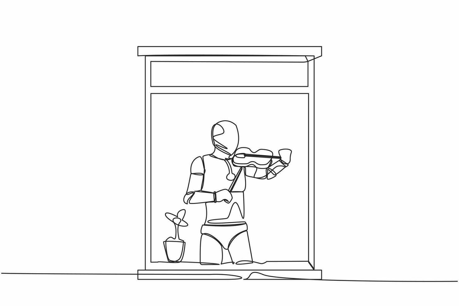 Single continuous line drawing robot musician standing near window and playing violin in room at home. Future technology development. Artificial intelligence. One line draw design vector illustration