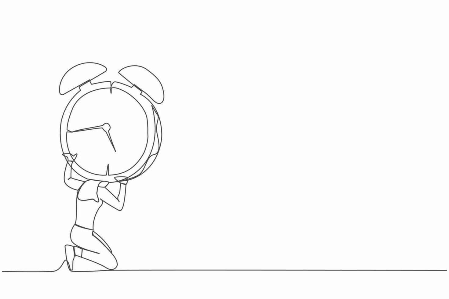 Single continuous line drawing frustrated businesswoman carrying heavy alarm clock on her back. Stressed employee with work pressure or business goal project. One line draw design vector illustration
