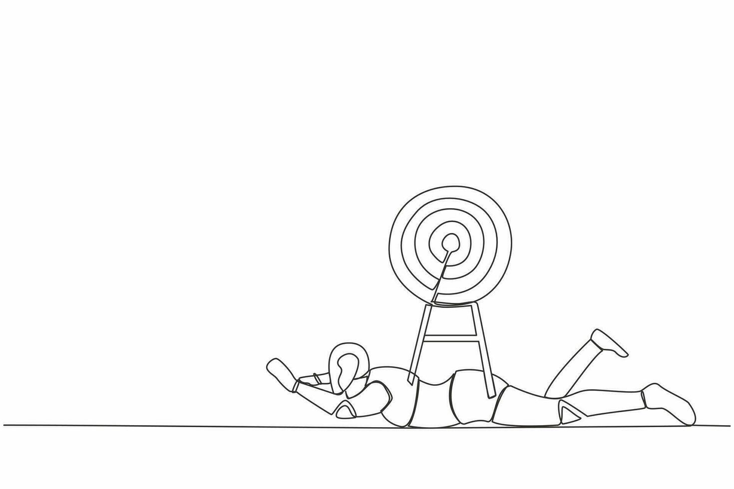 Single continuous line drawing stressed robot under heavy target burden. Exhausted to achieve, win business competition. Future technology development. One line draw graphic design vector illustration