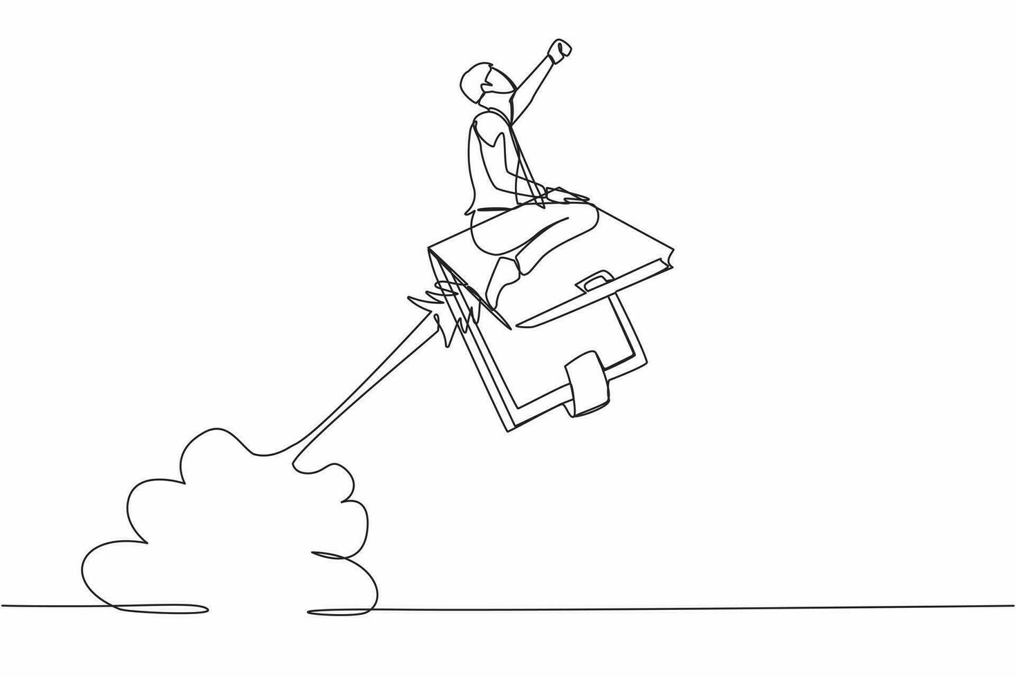 Single one line drawing businessman riding wallet rocket flying in the sky. Achievements in professional financial activities. Prosperous entrepreneur. Continuous line draw design vector illustration