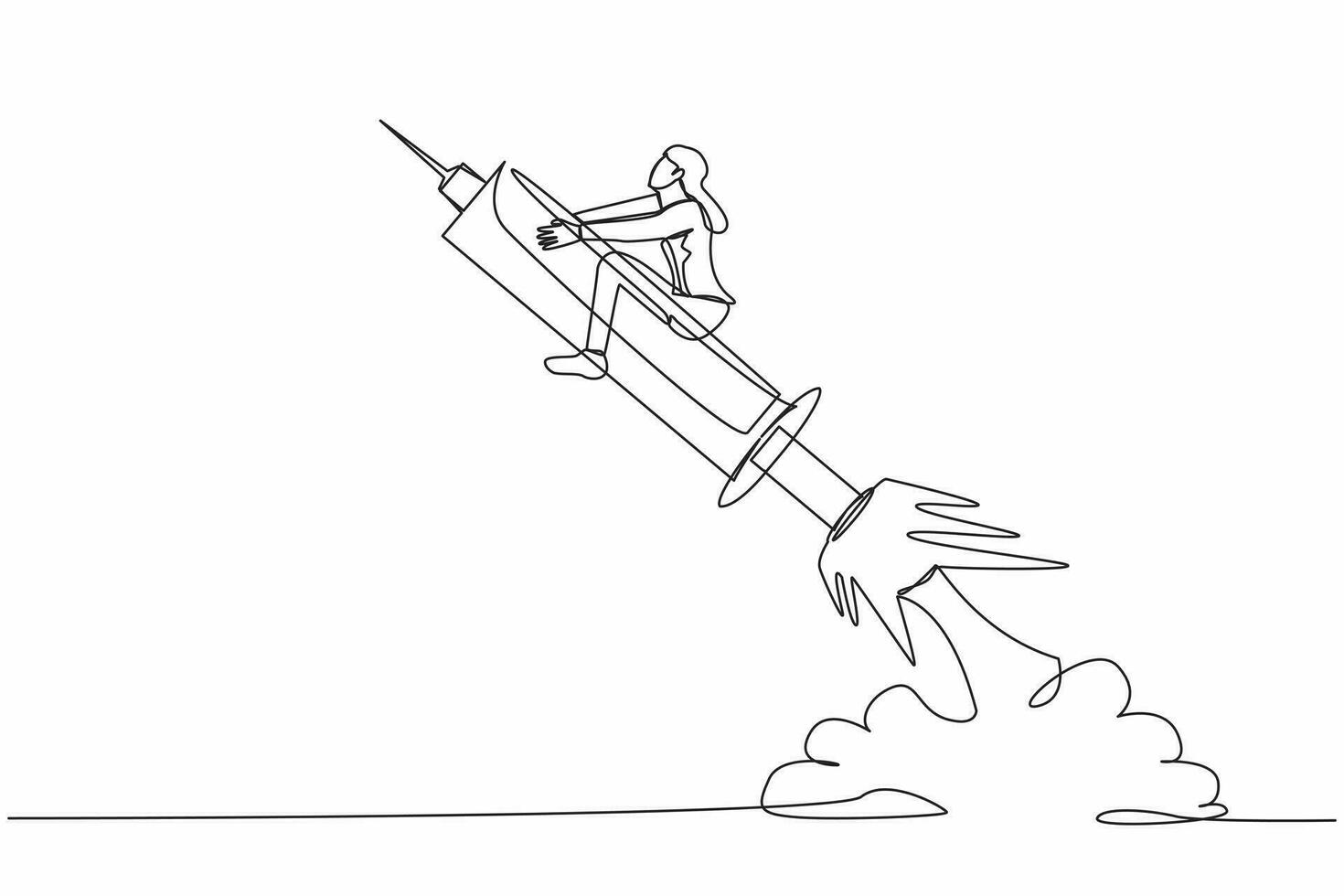 Single continuous line drawing businesswoman riding syringe rocket flying in sky. vector