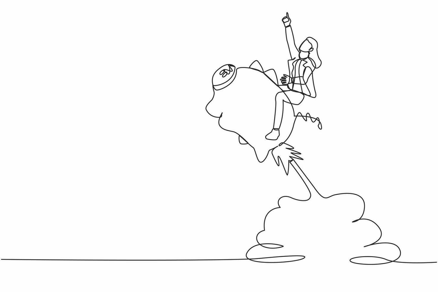 Continuous one line drawing businesswoman riding piggy bank rocket flying in the sky. Financial, business opportunity to success with competitors or winner. Single line draw design vector illustration