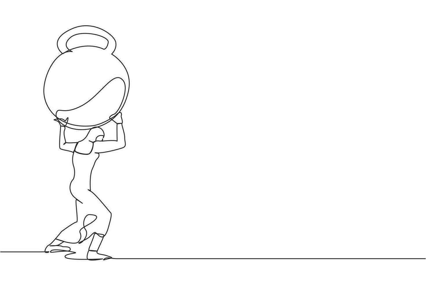 Continuous one line drawing Arab businesswoman carrying heavy kettlebell on her back. Financial crisis or credit payment. Business bankruptcy, debt problem. Single line draw design vector illustration