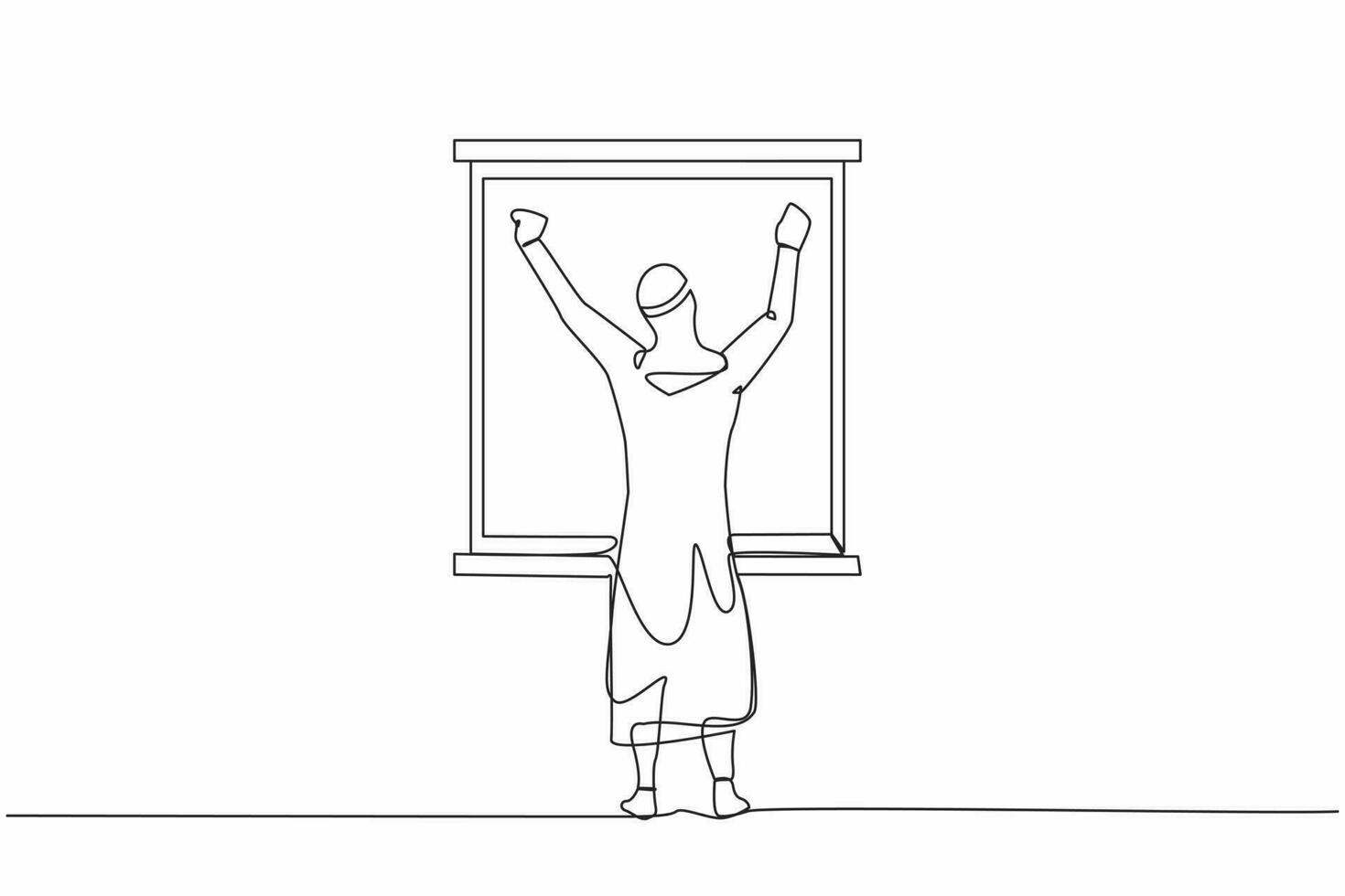 Single continuous line drawing back view relaxed Arabian man stretching arms in window after good night sleep. Good morning concept. Male standing at window. One line draw design vector illustration